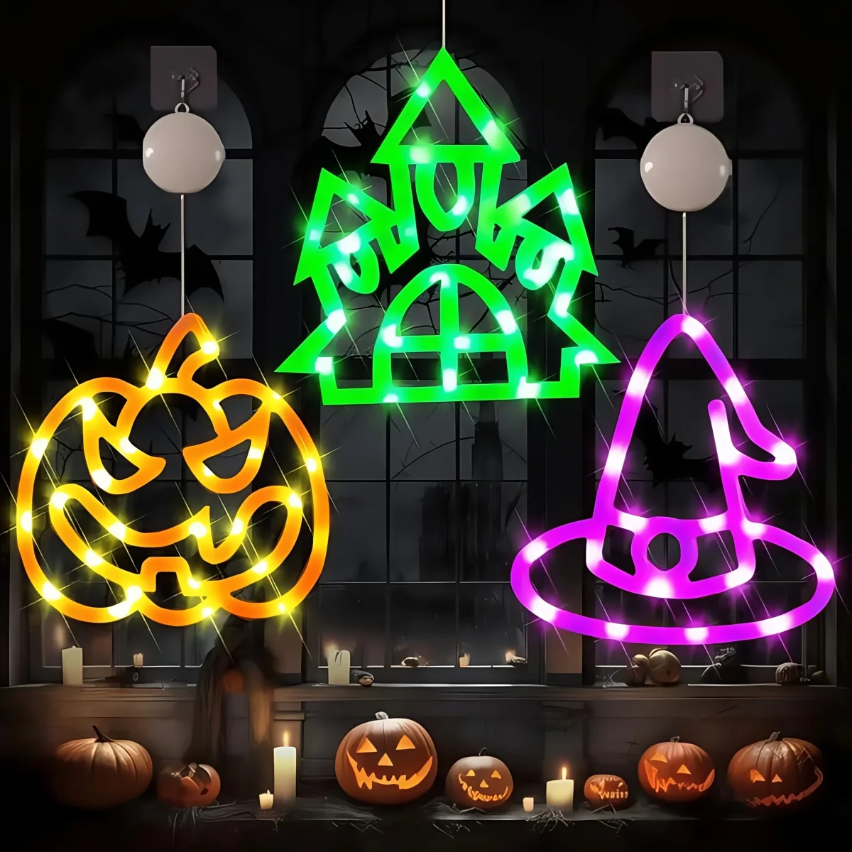 3 stuks Halloween LED lichtsnoer | Pompoen, huis & hoed decoratie, batterijen aangedreven - Afbeelding 8