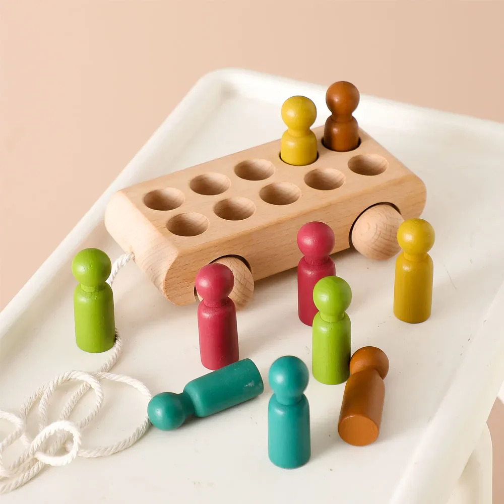 Houten Kleurrijke Beuken Loopwagen Speelgoed - Voor Baby's van 1 tot 3 Jaar met 10 Houten Poppen, Montessori Ontwikkelingsspeelgoed - Afbeelding 4